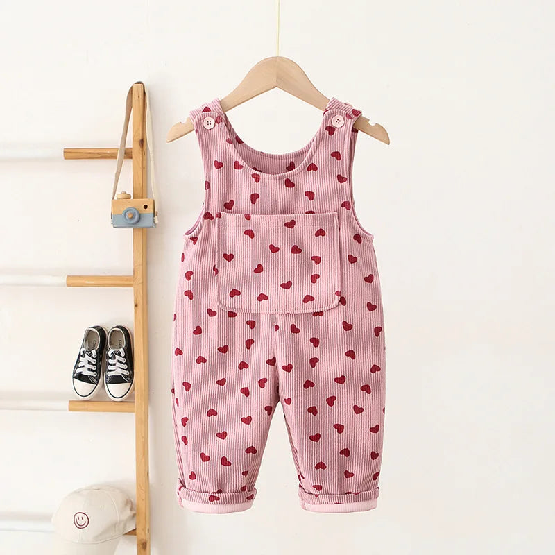 Baby Corduroy Suspender Overalls — Heart Embroidery Bib Pants | 1–7Y