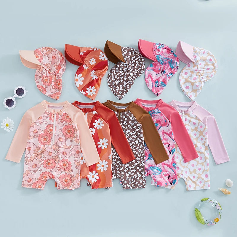 Toddler girl floral swimsuit with matching sun hat - long sleeve UPF rash guard