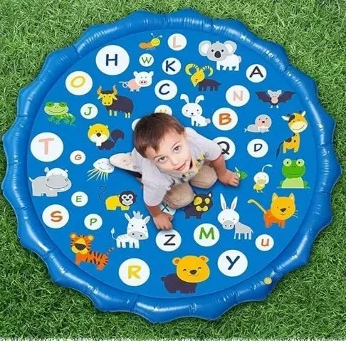 Toddler playing on an alphabet animals splash pad