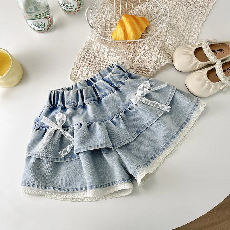 Girls' Denim Lace-Trimmed Tiered Skirt — photo 6
