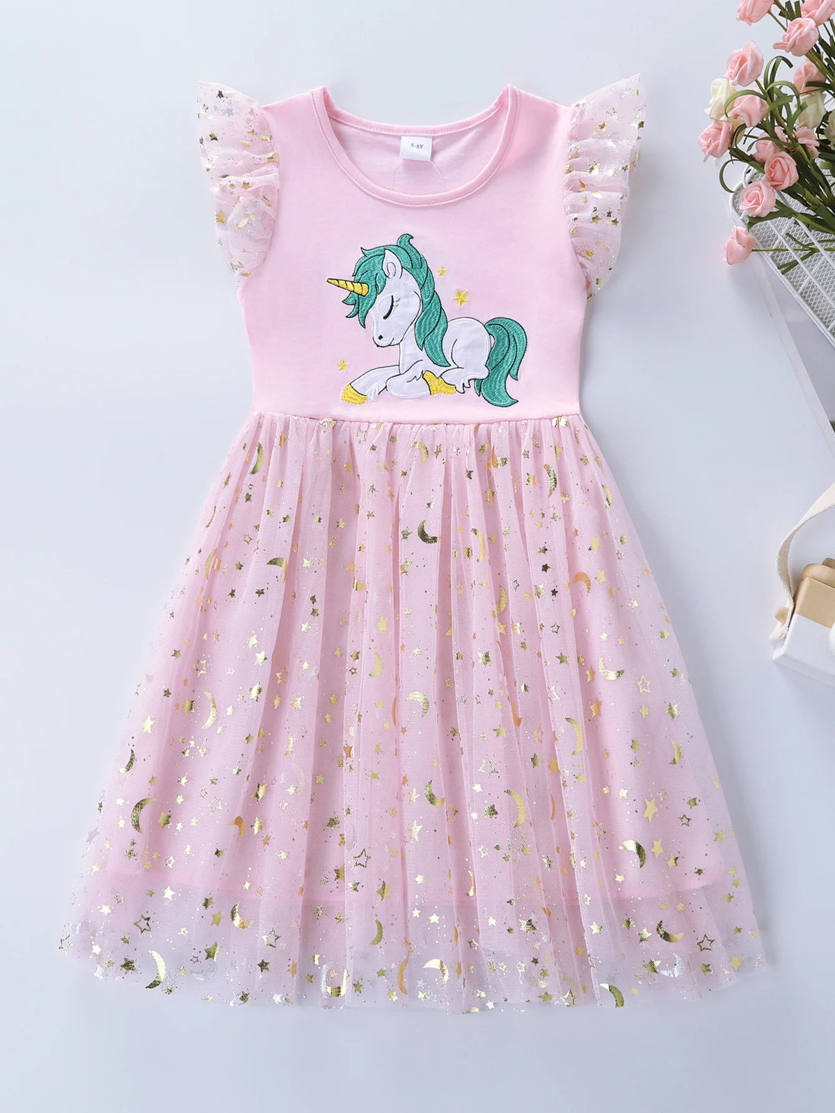 Girls pink unicorn star-tulle party dress