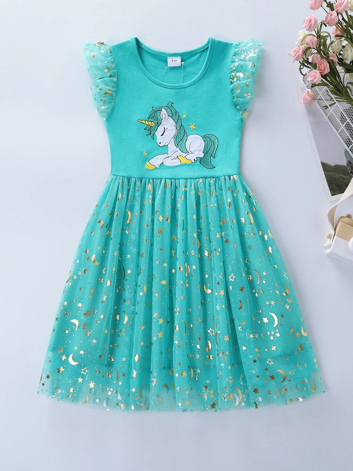 Girls blue unicorn star-tulle party dress
