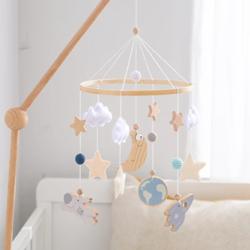 Wooden Crib Mobile with Bear, Moon & Stars — Nursery Bed Bell Toy