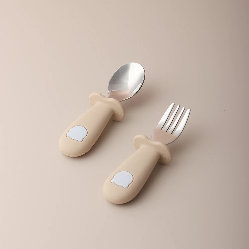 Beige baby panda silicone spoon and fork set