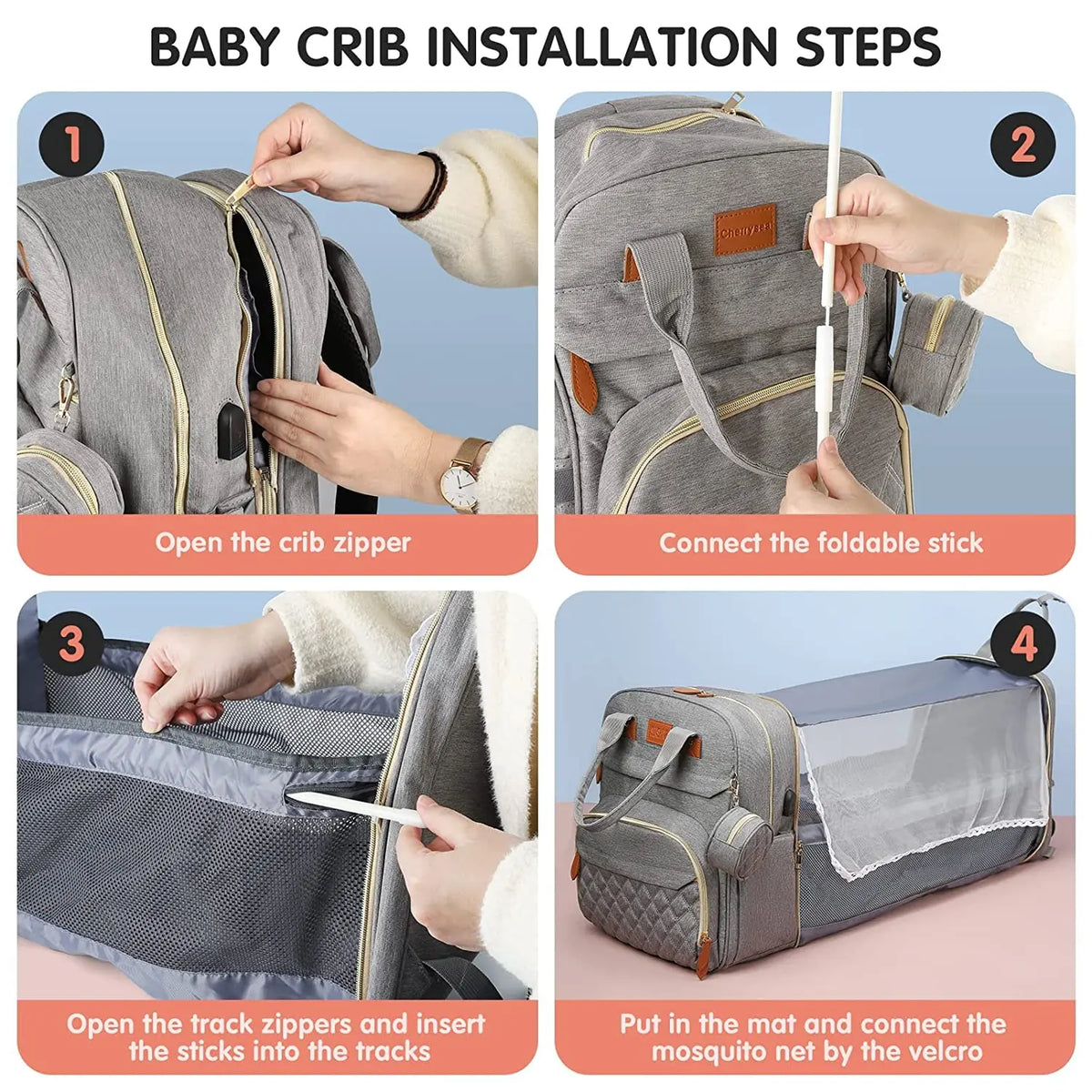 3-in-1 diaper bag backpack foldable travel bag with changing bed