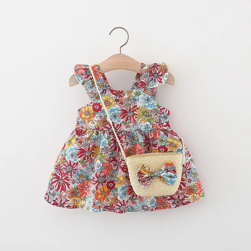 Baby Girl Summer Floral Dress with Straw Bag – Vintage Garden Style