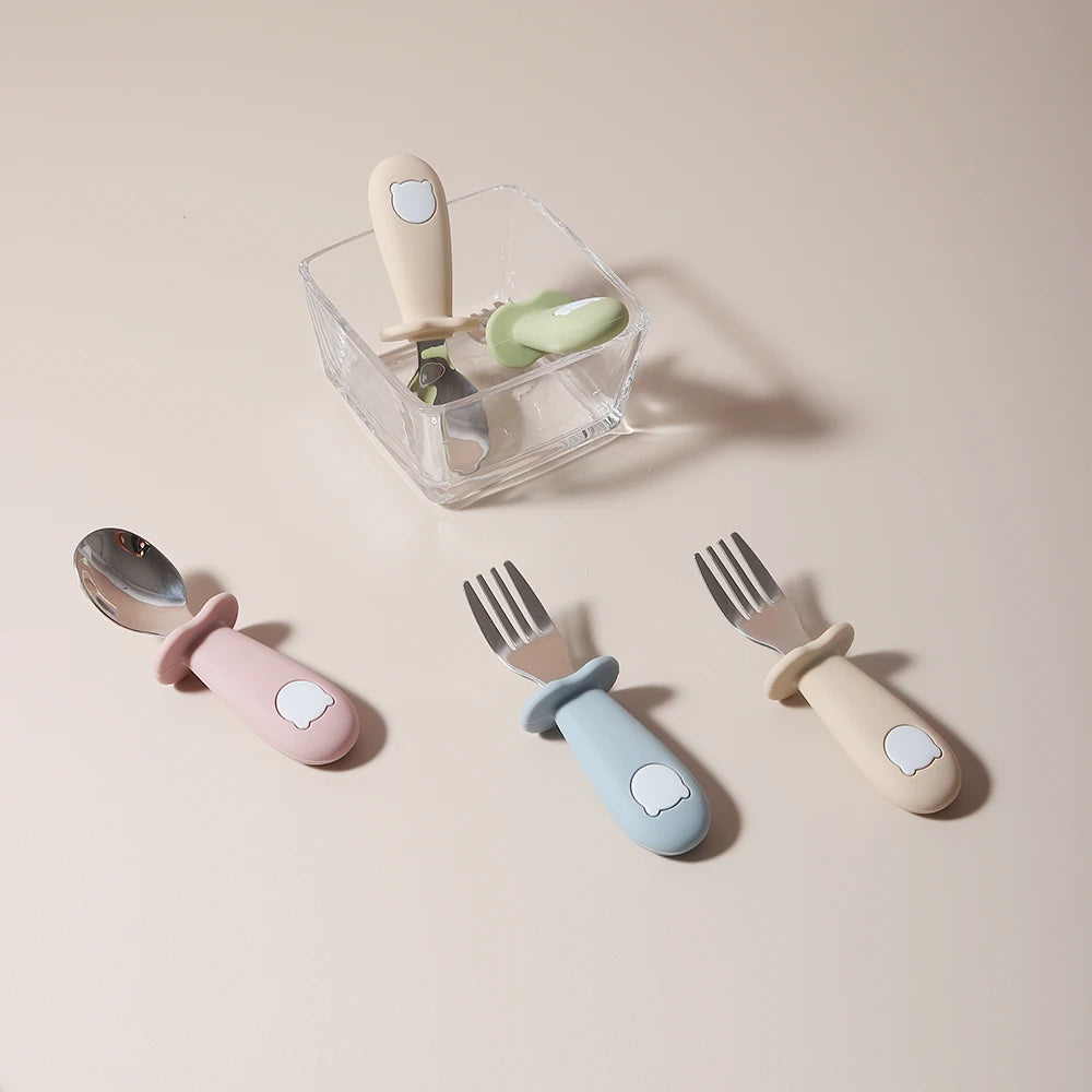 Baby panda feeding cutlery set with storage cup