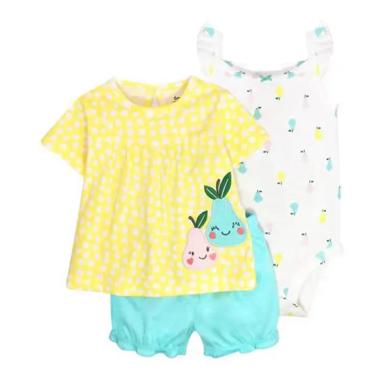 Baby Girl Summer Outfit Set – Floral Bodysuit & Shorts (3 Pcs)