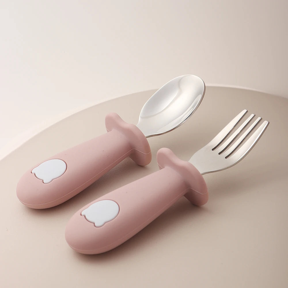 Pink baby panda silicone spoon and fork set