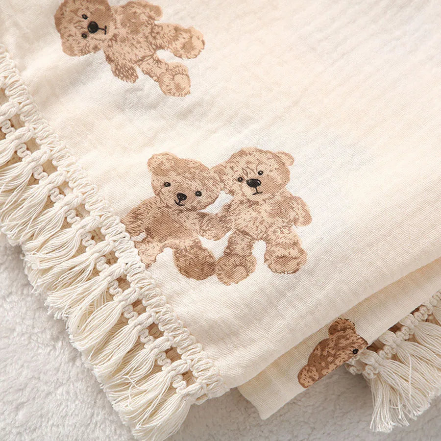 Close-up of double-gauze muslin weave and embroidered bear