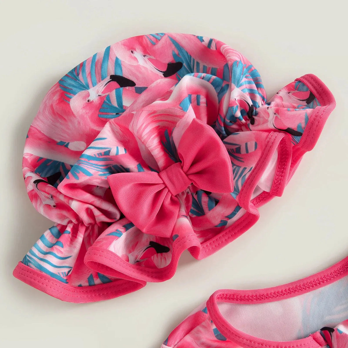Baby girl flamingo print swimsuit jumpsuit with matching headband