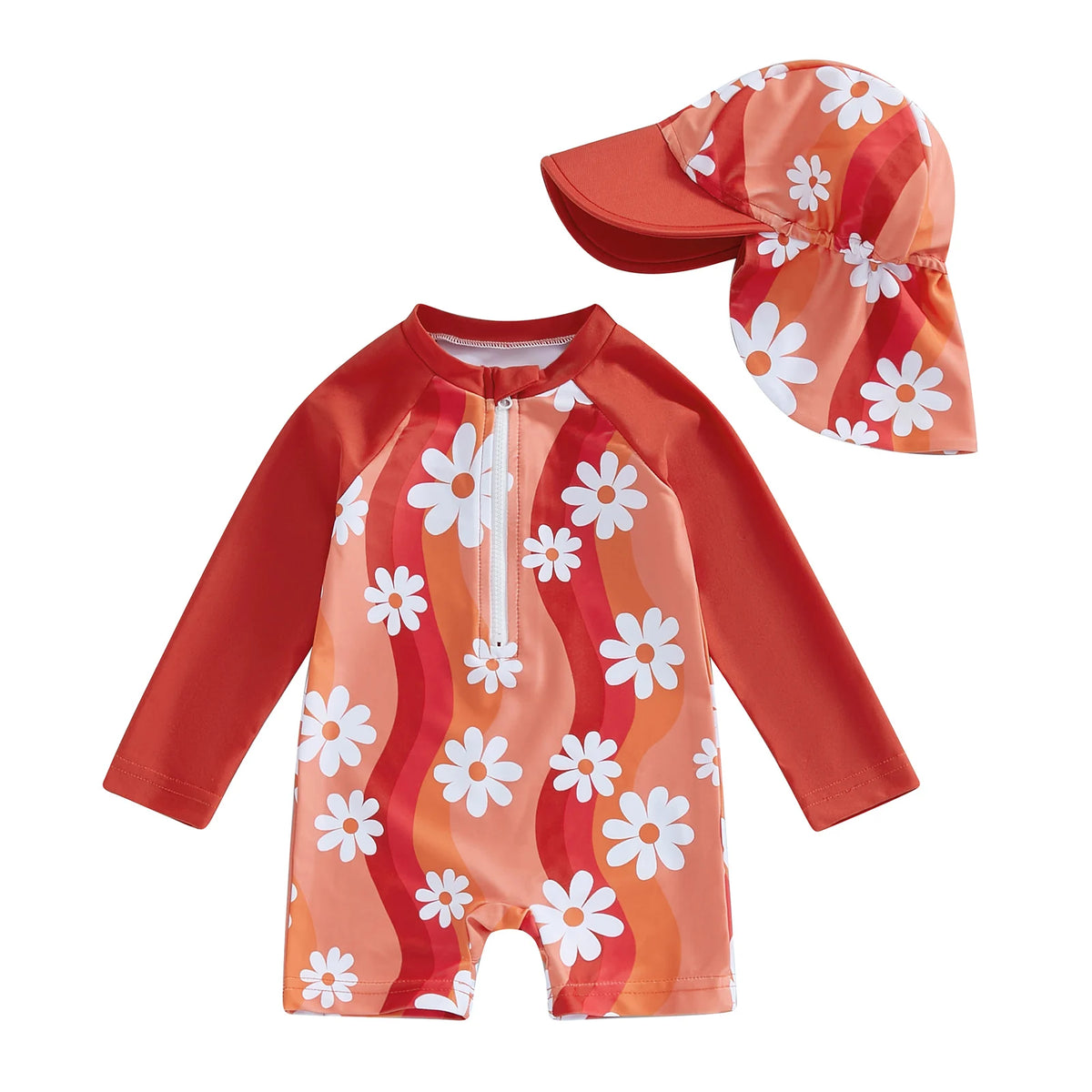 Toddler girl floral swimsuit with matching sun hat - long sleeve UPF rash guard