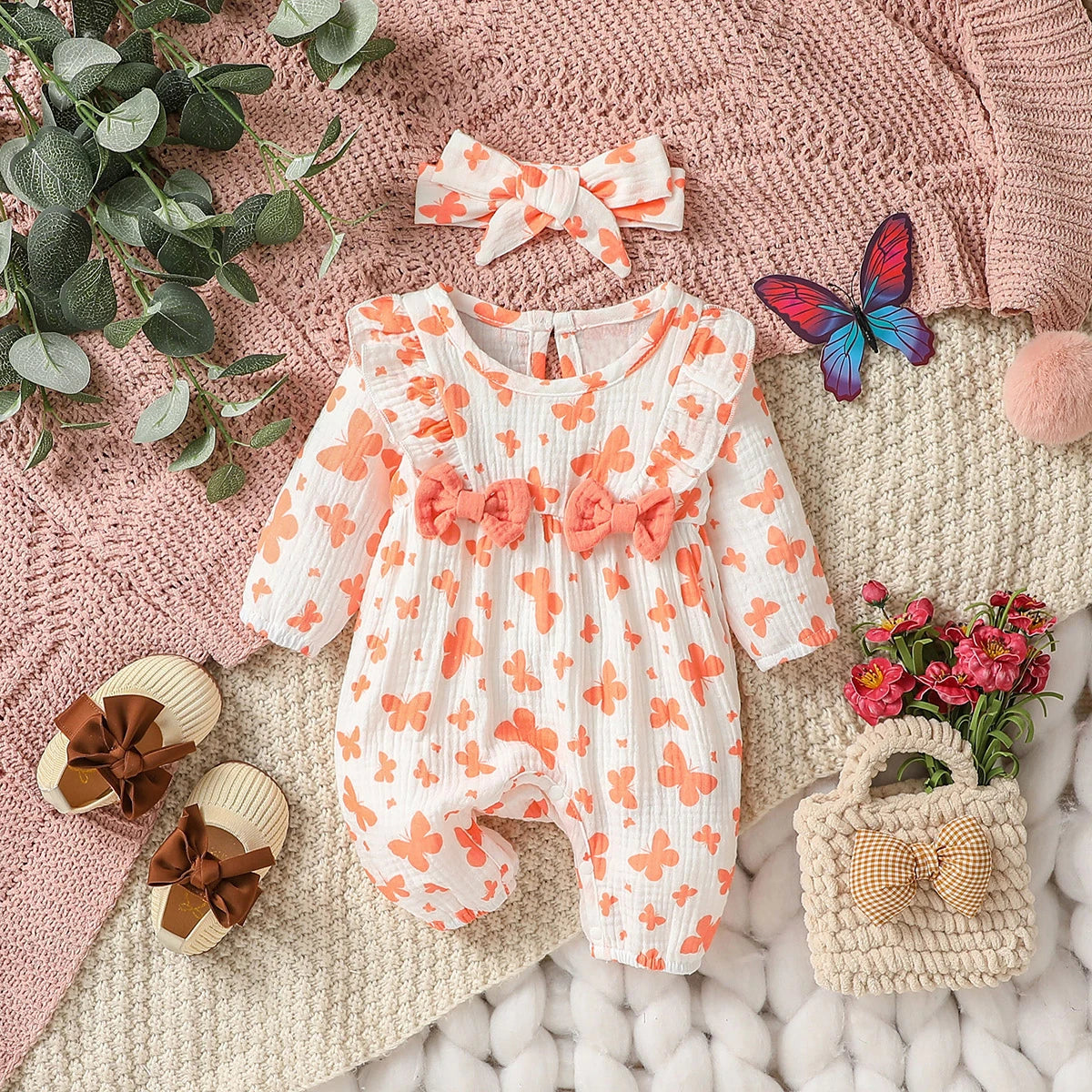 Floral print long-sleeve baby jumpsuit set with headband, newborn girl - Kindle Kids ABC - view 7