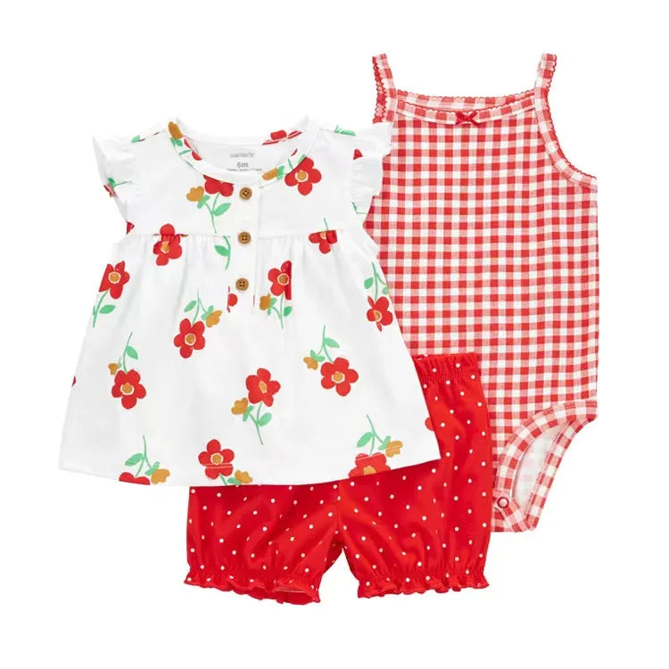 Baby Girl Summer Outfit Set – Floral Bodysuit & Shorts (3 Pcs)