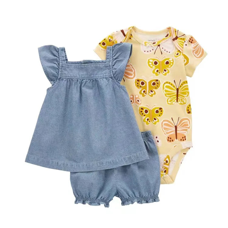 Baby Girl Summer Outfit Set – Floral Bodysuit & Shorts (3 Pcs)