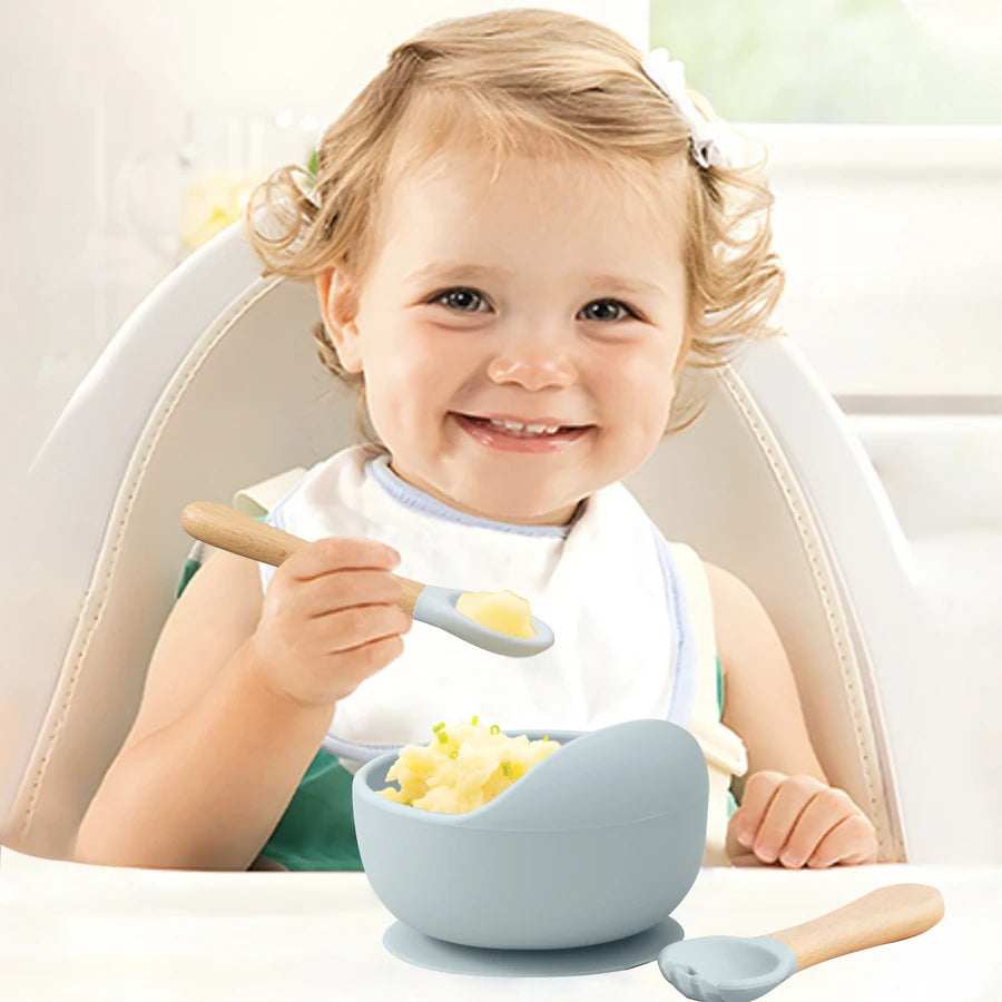 Baby silicone feeding set 3-piece suction bowl spoon fork