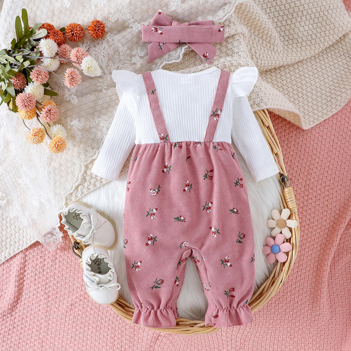 Floral bow cotton romper set with headband, infant girl outfit - Kindle Kids ABC - view 3