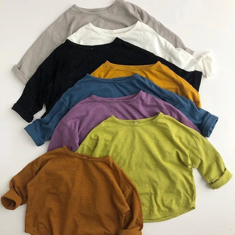 Baby and kids pure cotton long-sleeve basic tee, solid - Kindle Kids ABC