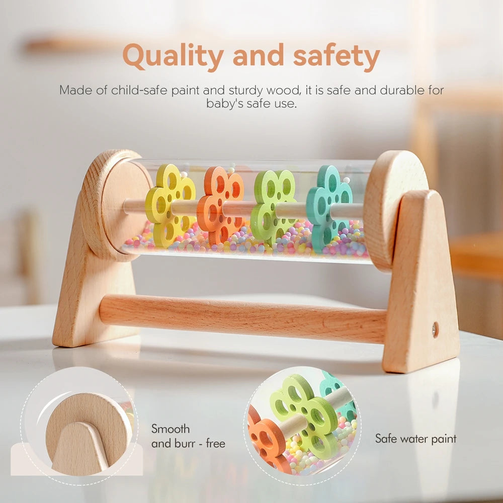 Montessori wooden rainmaker roller toy made of child-safe wood