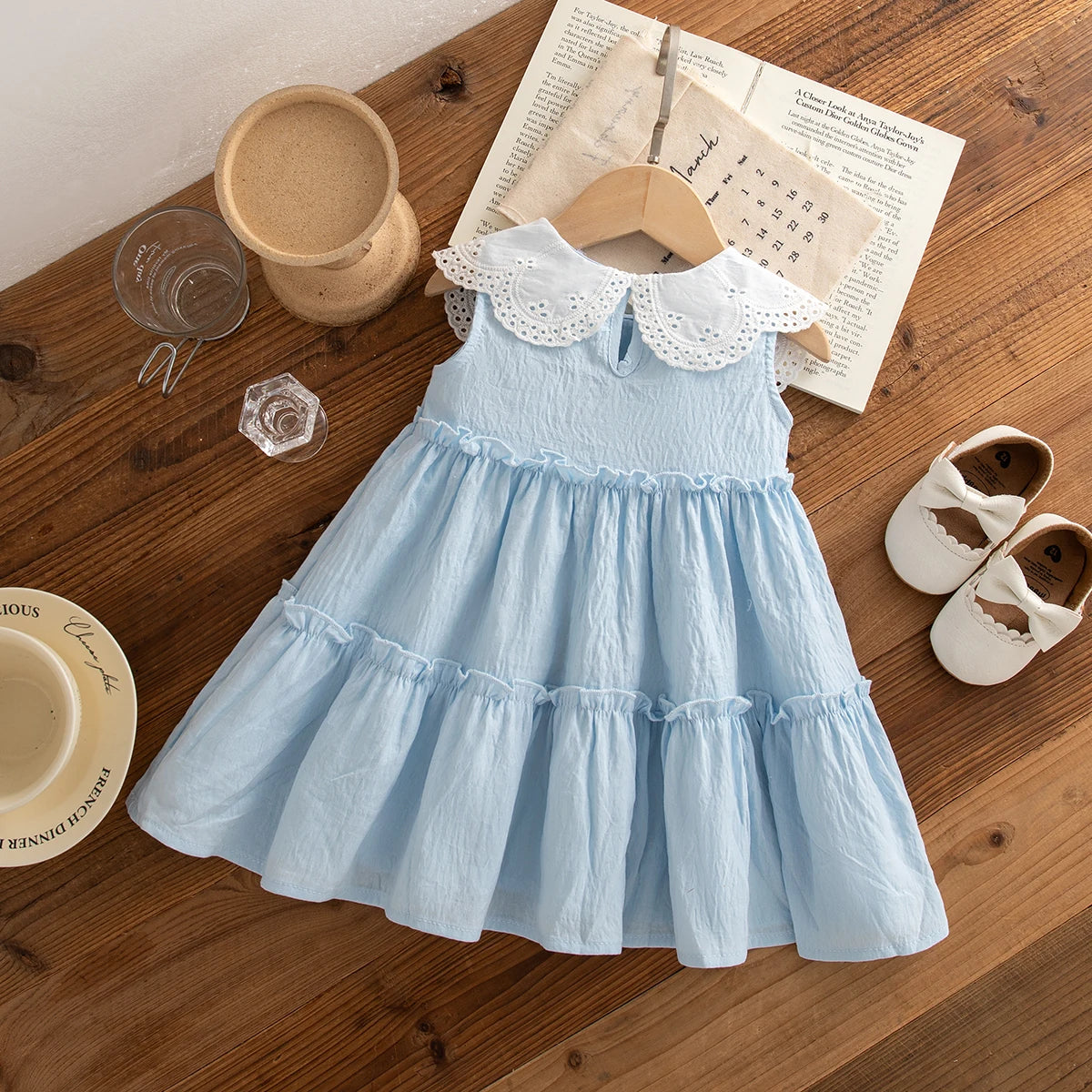 Baby Girl Cotton Sleeveless Dress with Lapel Collar