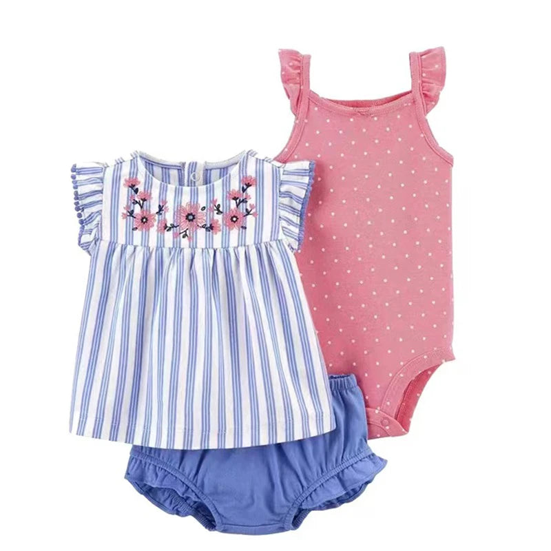 Baby Girl Summer Outfit Set – Floral Bodysuit & Shorts (3 Pcs)