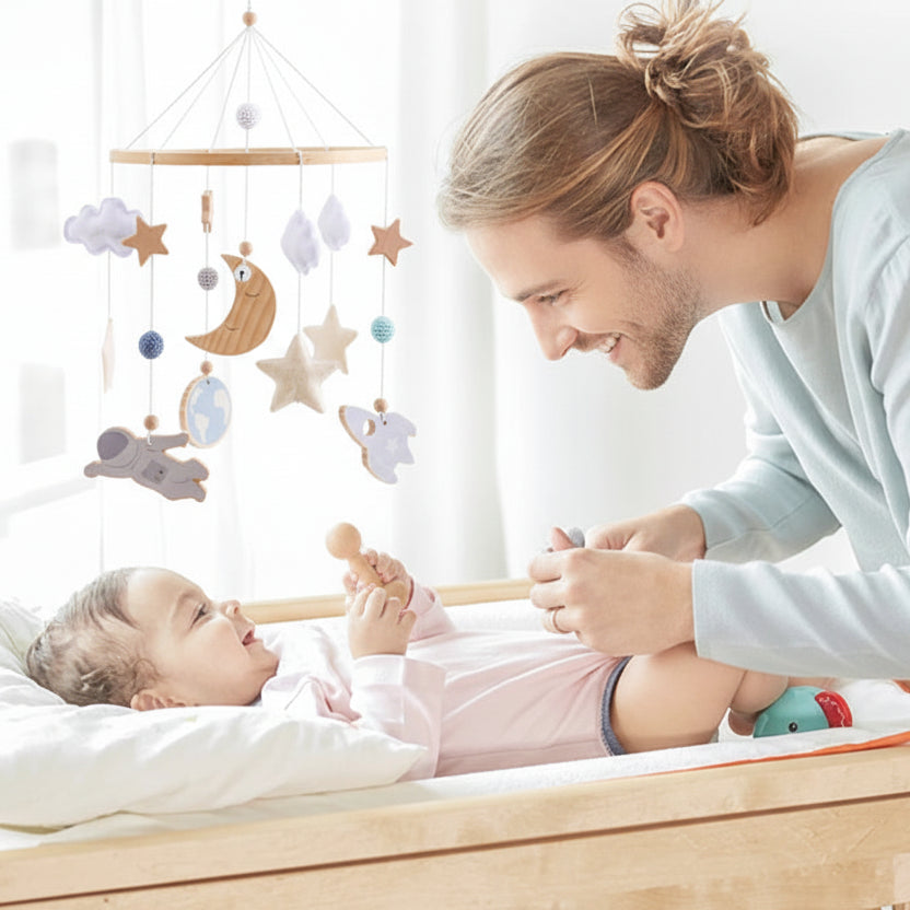 Wooden Crib Mobile with Bear, Moon & Stars — Nursery Bed Bell Toy