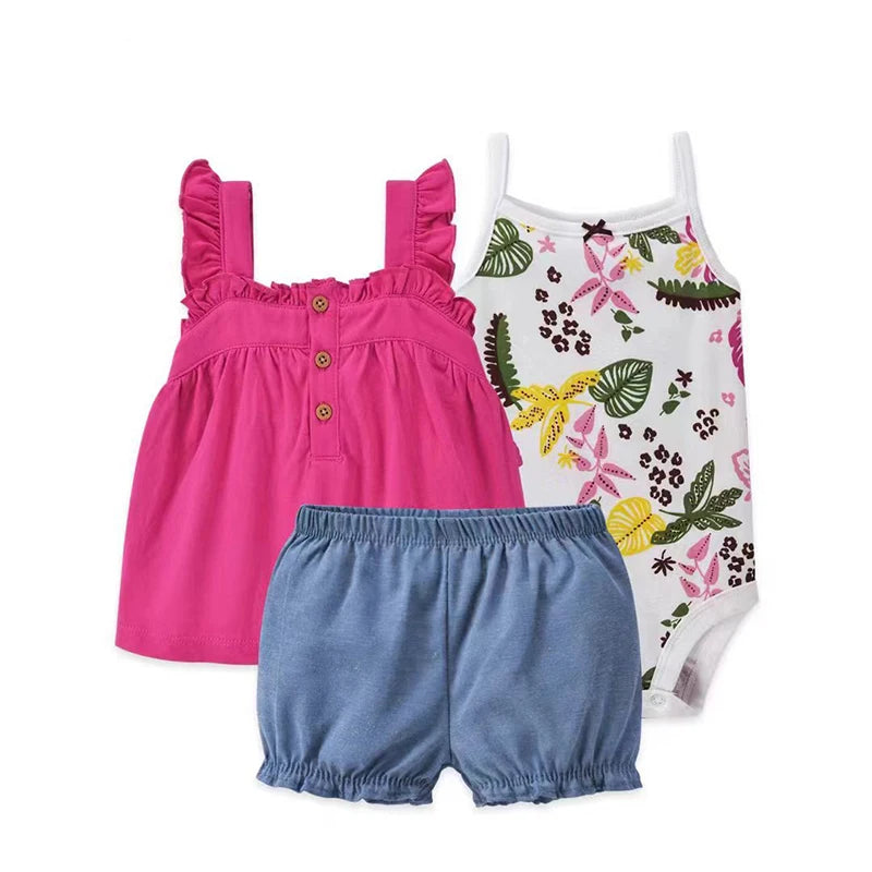 Baby Girl Summer Outfit Set – Floral Bodysuit & Shorts (3 Pcs)