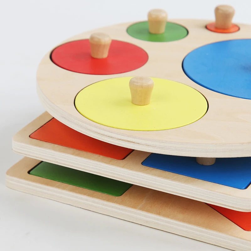 Stacked round wooden geometric puzzle boards