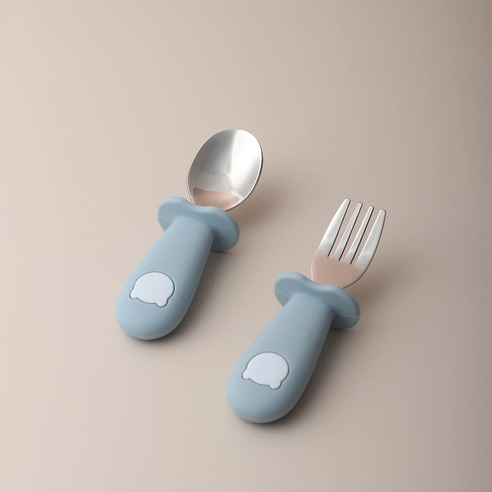 Blue baby panda silicone spoon and fork set