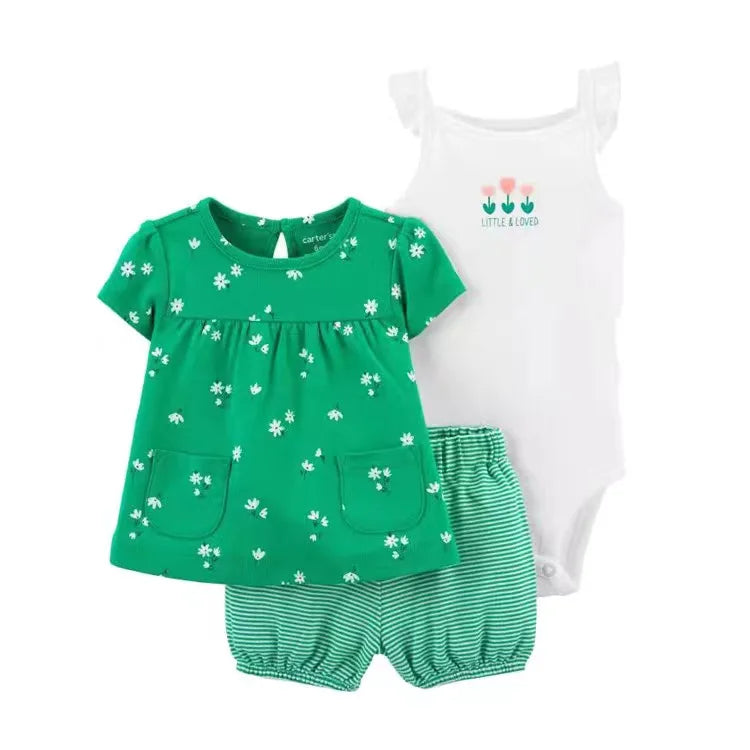 Baby Girl Summer Outfit Set – Floral Bodysuit & Shorts (3 Pcs)
