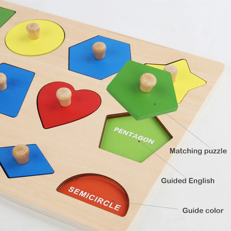 Wooden geometric shape puzzle with labelled shapes