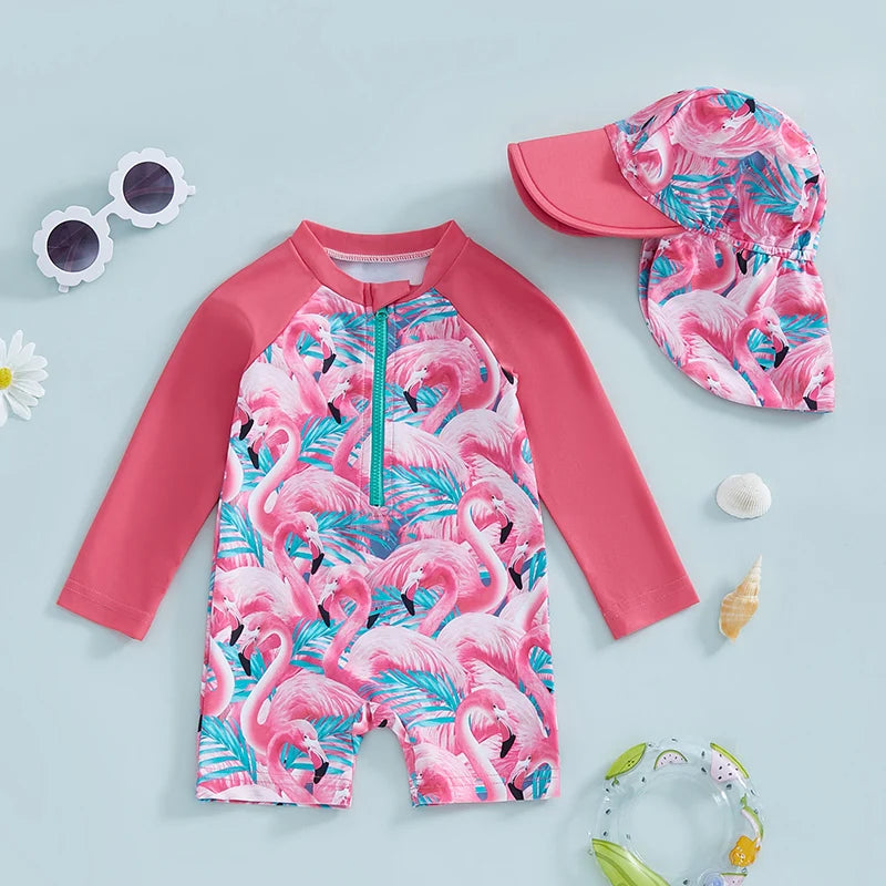 Toddler girl floral swimsuit with matching sun hat - long sleeve UPF rash guard