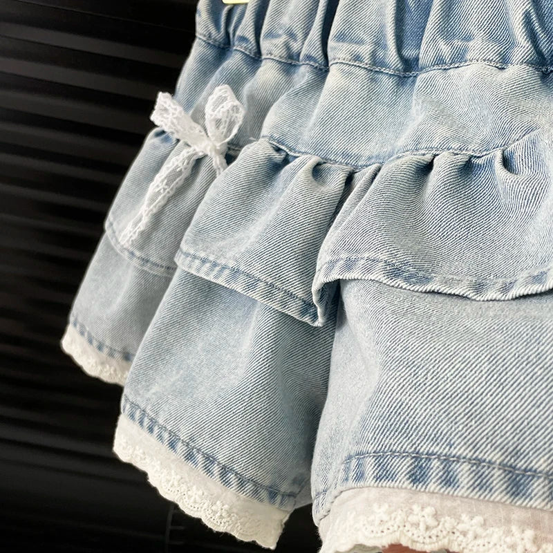 Girls' Denim Lace-Trimmed Tiered Skirt — photo 4