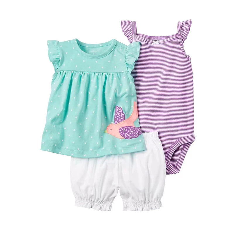 Baby Girl Summer Outfit Set – Floral Bodysuit & Shorts (3 Pcs)