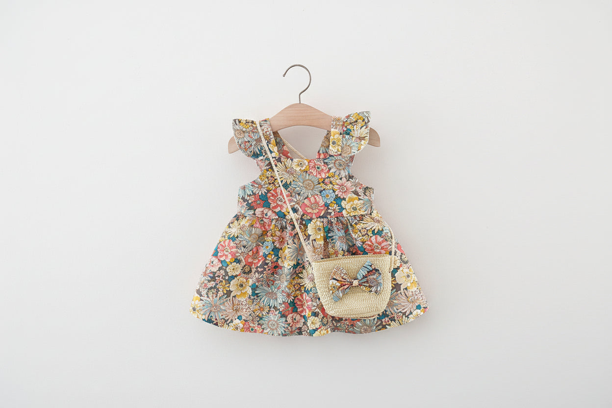 Baby Girl Summer Floral Dress with Straw Bag – Vintage Garden Style