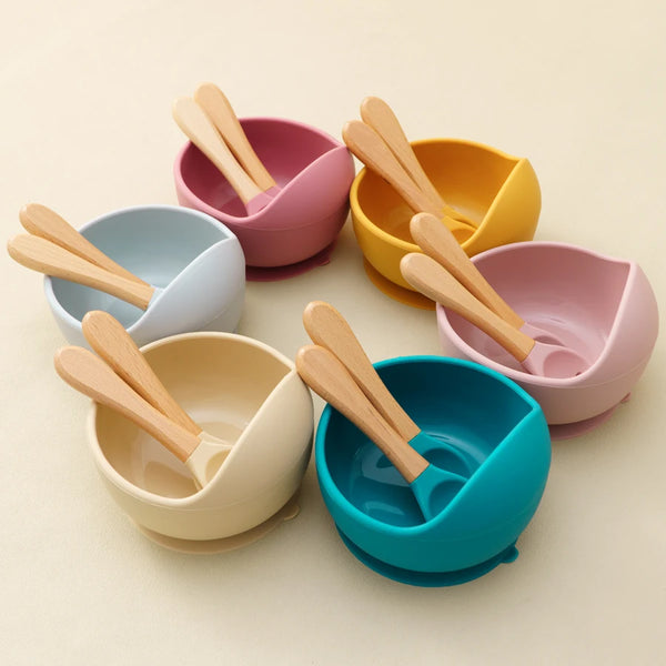 Baby silicone feeding set 3-piece suction bowl spoon fork