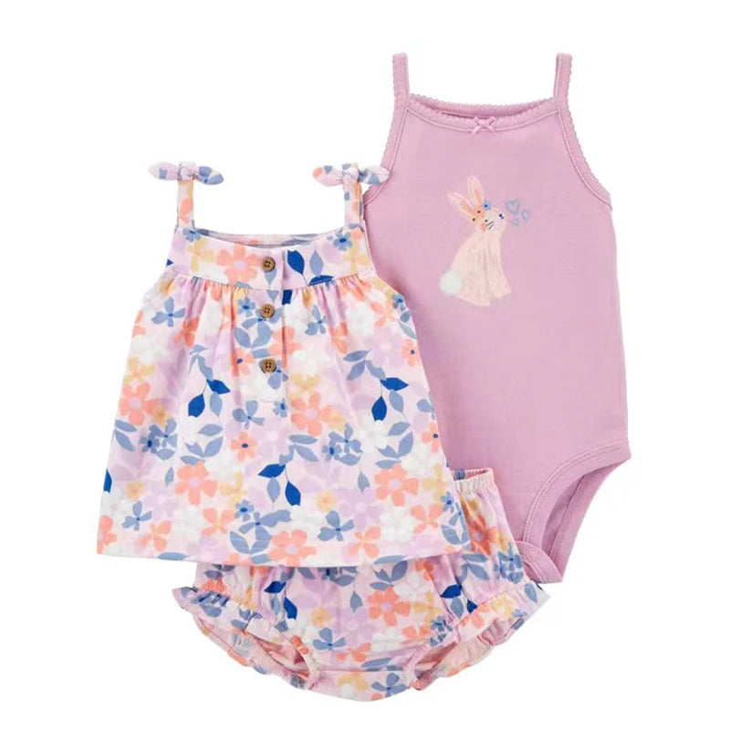 Baby Girl Summer Outfit Set – Floral Bodysuit & Shorts (3 Pcs)