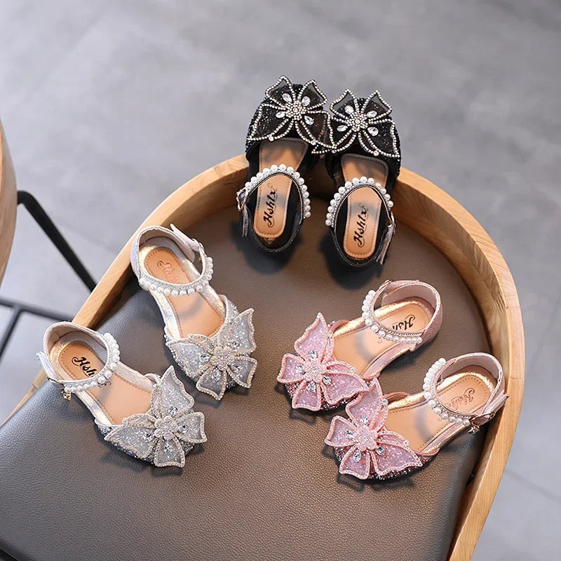 Girls sequin bow princess sandals sparkly flats