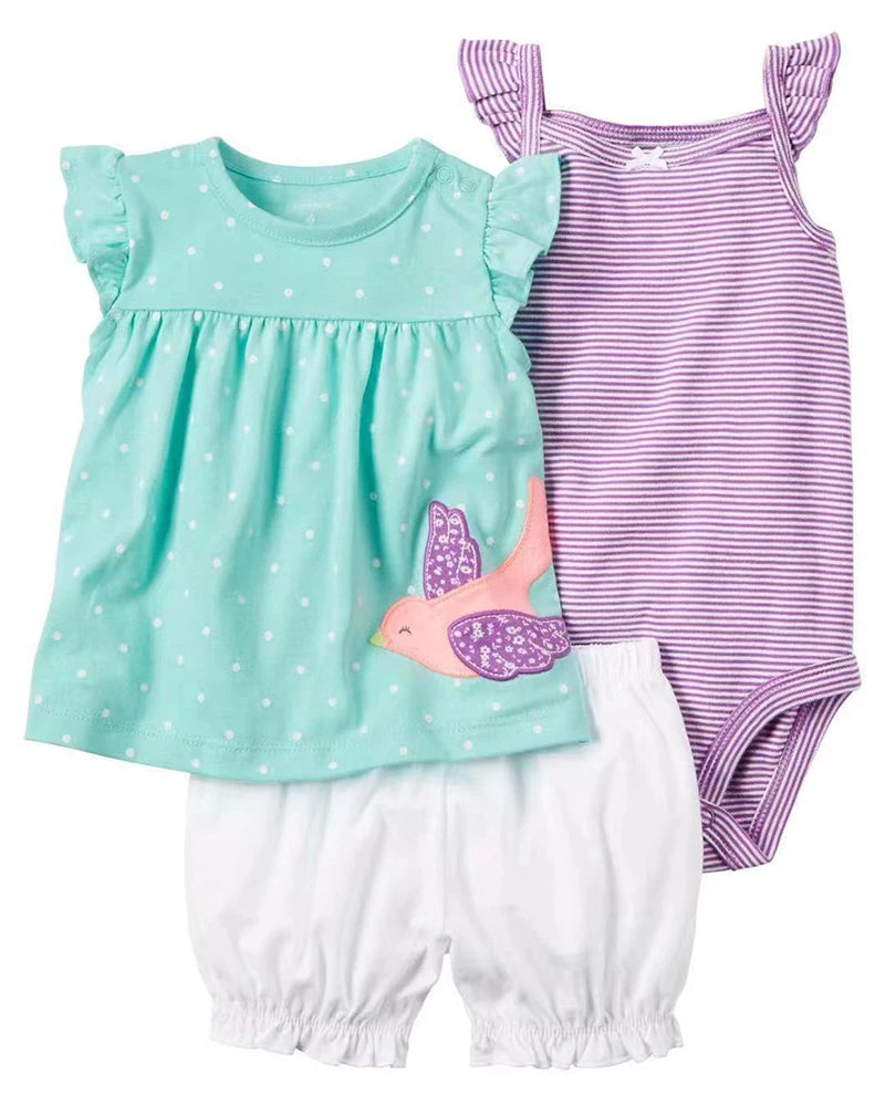 Baby Girl Summer Outfit Set – Floral Bodysuit & Shorts (3 Pcs)