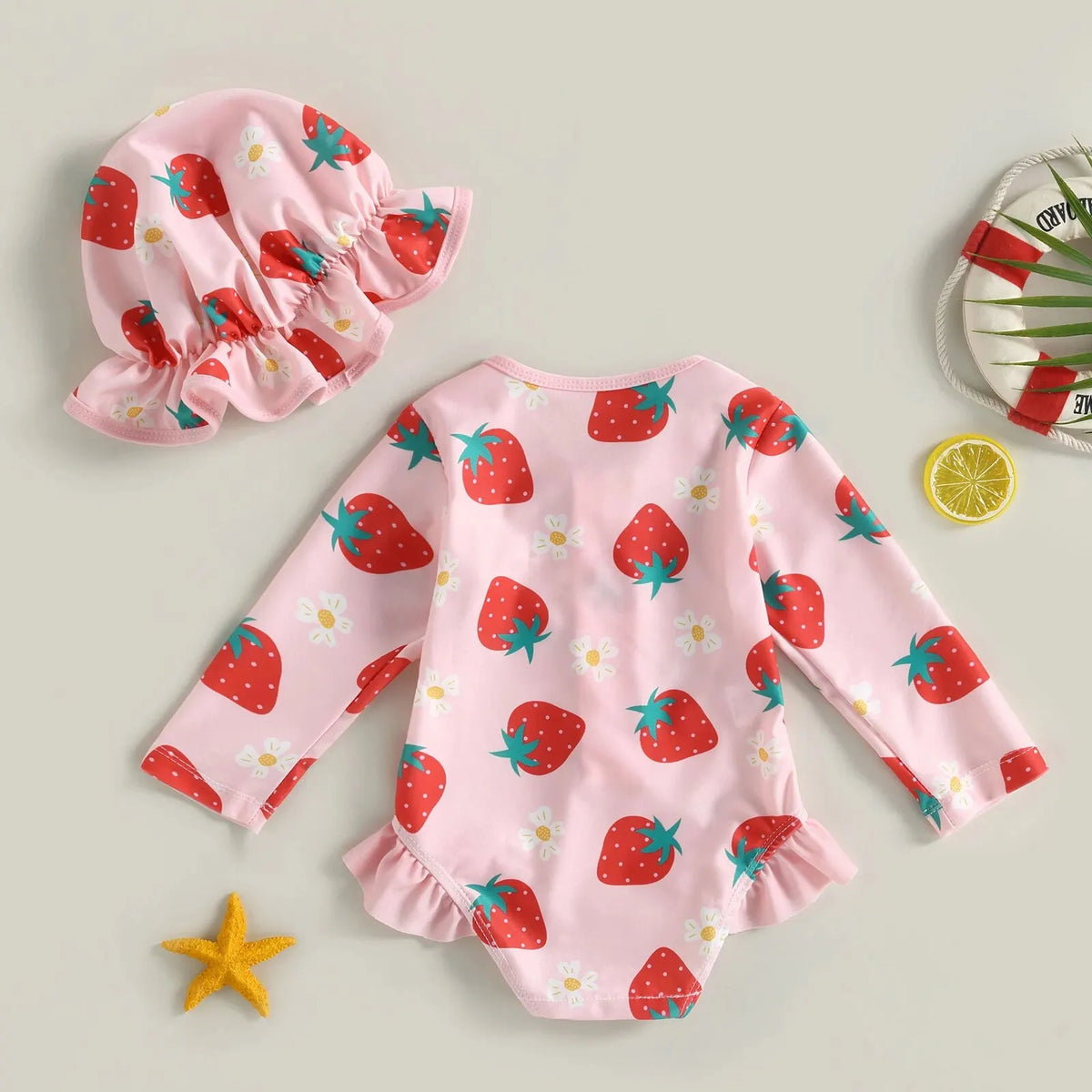 Baby girl flamingo print swimsuit jumpsuit with matching headband