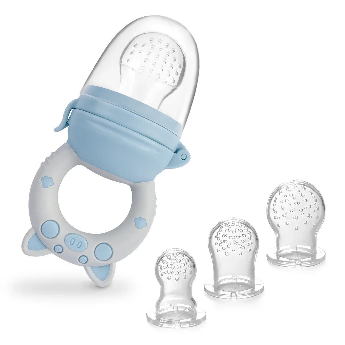 Blue silicone baby fruit and vegetable feeder with sacs