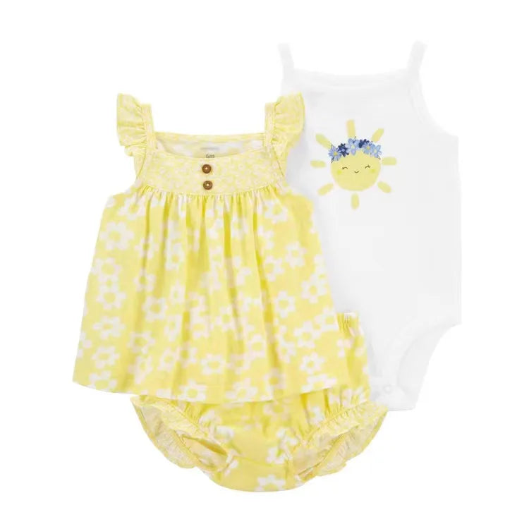 Baby Girl Summer Outfit Set – Floral Bodysuit & Shorts (3 Pcs)
