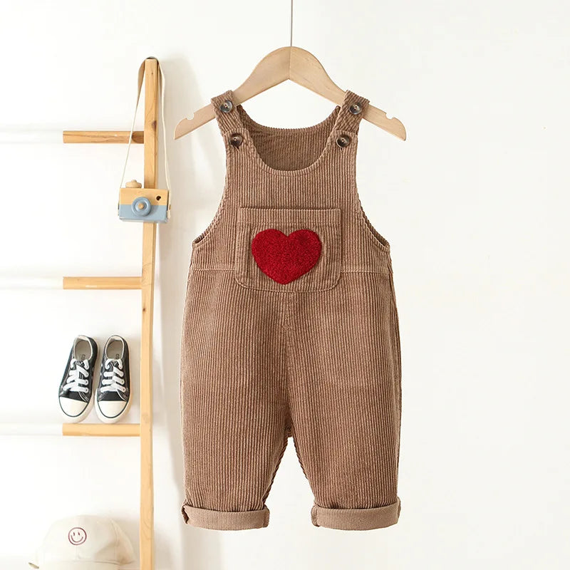 Baby Corduroy Suspender Overalls — Heart Embroidery Bib Pants | 1–7Y