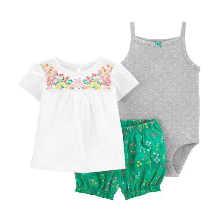 Baby Girl Summer Outfit Set – Floral Bodysuit & Shorts (3 Pcs)