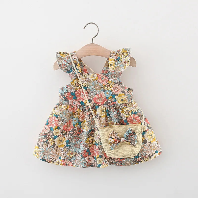 Baby Girl Summer Floral Dress with Straw Bag – Vintage Garden Style
