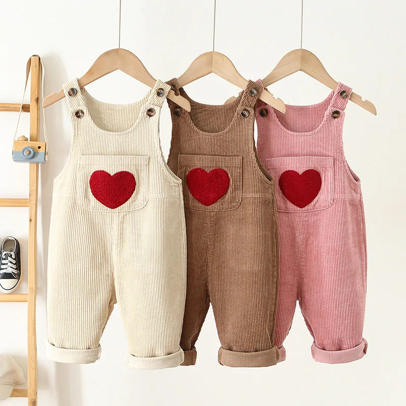 Baby Corduroy Suspender Overalls — Heart Embroidery Bib Pants | 1–7Y