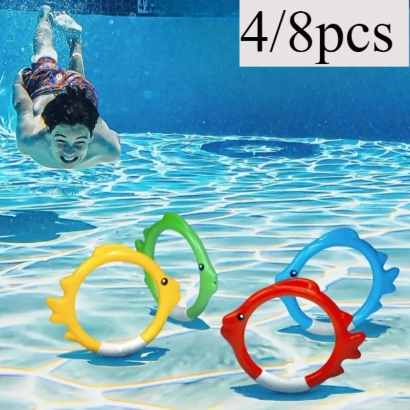 Child diving for fish-shaped rings in a pool