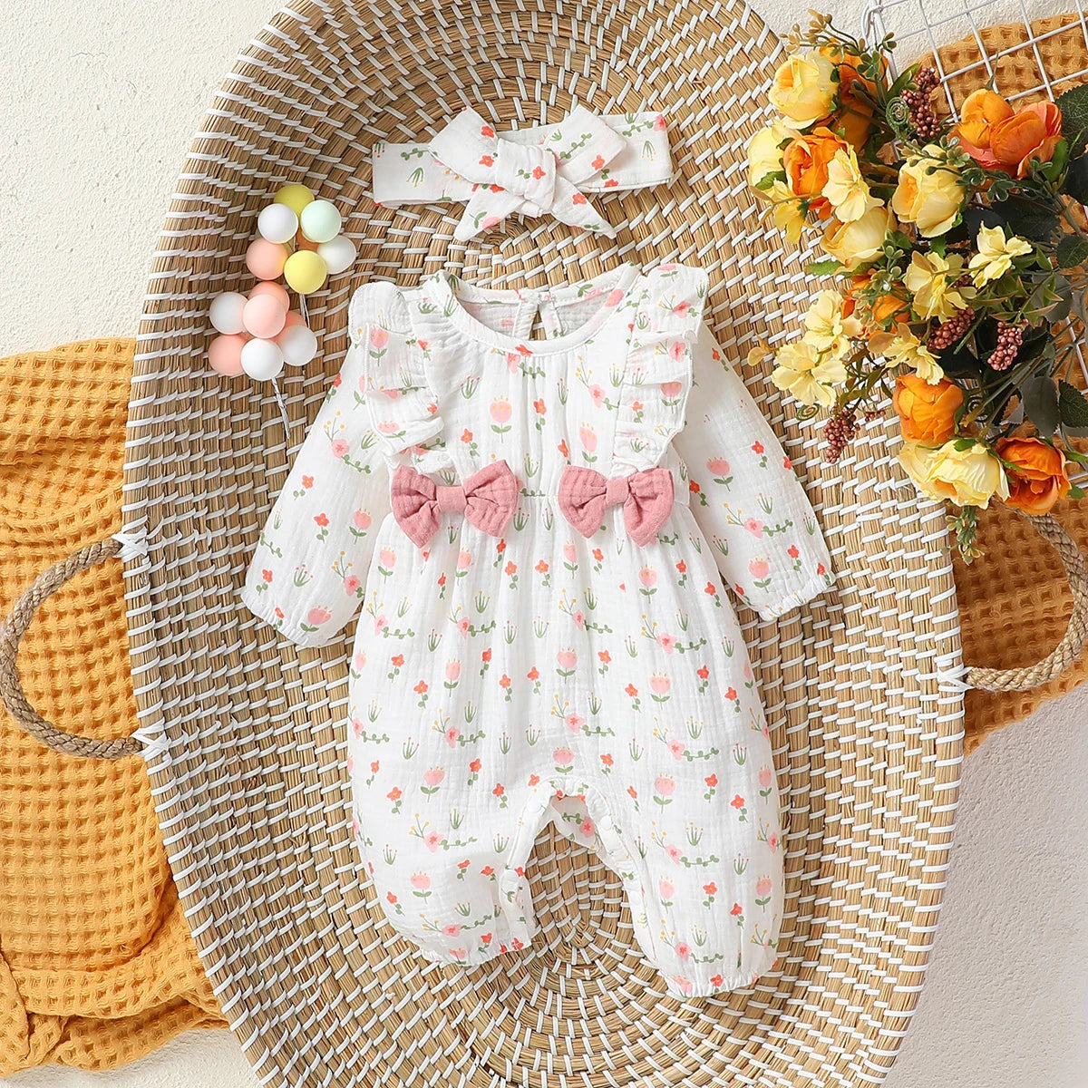 Floral print long-sleeve baby jumpsuit set with headband, newborn girl - Kindle Kids ABC