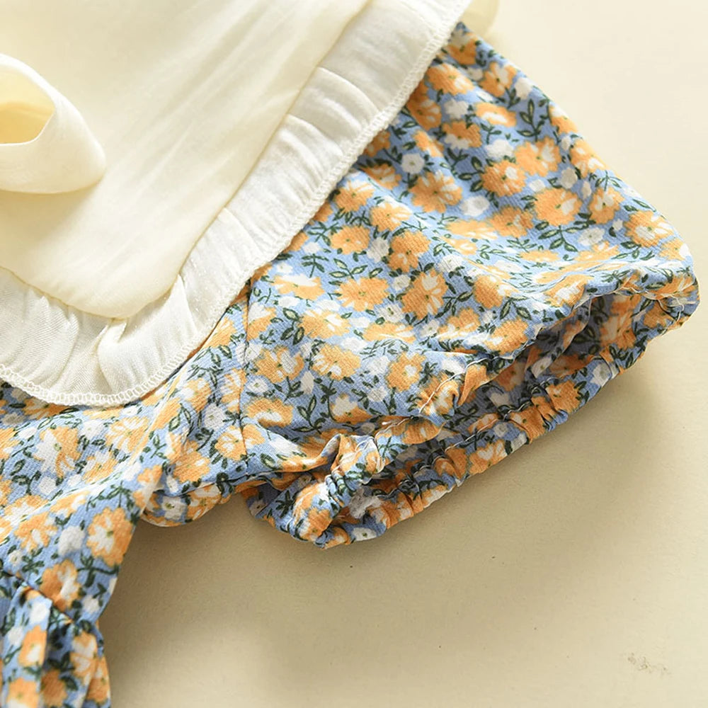 Girls Floral Summer Dress – Bow Peter Pan Collar A-Line Princess Dress