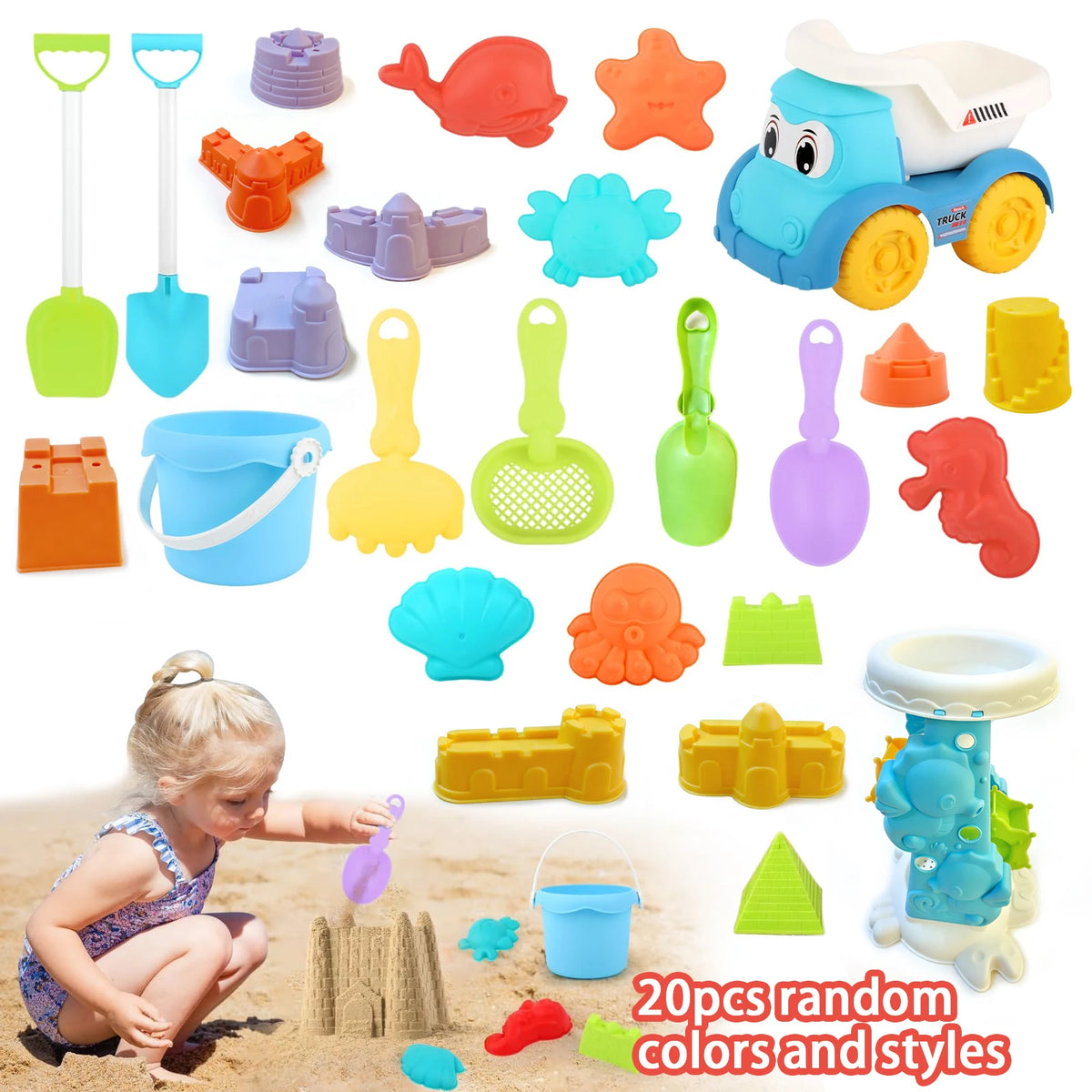 Beach sand toy set with bucket, shovels and molds